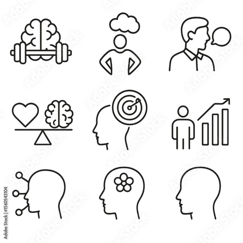 Mindfulness Sports Icons. Outline icon set of sports psychology mindfulness: brain with dumbbell, thought cloud over athlete,