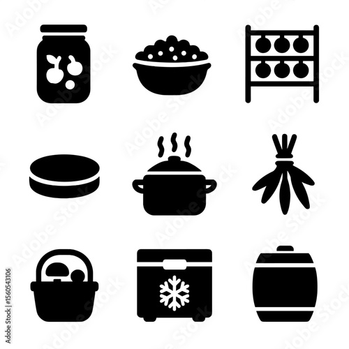 Dacha Food Preservation Icons. Solid, filled icon set of preserving food at the dacha: canning jar, berry bowl, drying rack,