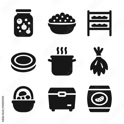 Dacha Food Preservation Icons. Solid, filled icon set of preserving food at the dacha: canning jar, berry bowl, drying rack,