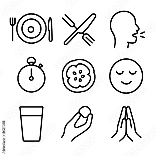 Mindful Eating Icons. Outline icon set of mindful eating practice: plate with small portion, utensils placed down, chewing icon,