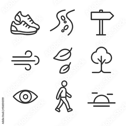 Mindful Walking Icons. Outline icon set of mindful walking break: walking shoes, path with footprints, nature trail sign, gentle