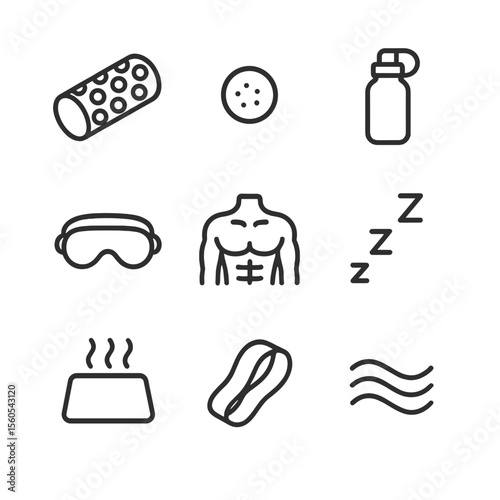 Mindful Recovery Icons. Outline icon set of mindful recovery and rest: foam roller, massage ball, water bottle, sleep mask, muscle