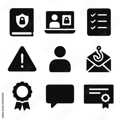Cybersecurity Training Icons. Solid, filled icon set of employee cybersecurity training: training manual, webinar, checklist,
