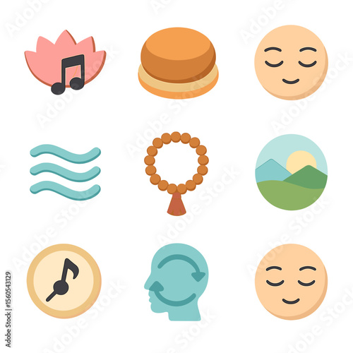 Mindfulness Icon Collection. Isometric Flat icon set of singing and mindfulness: lotus flower with music note, meditation cushion,