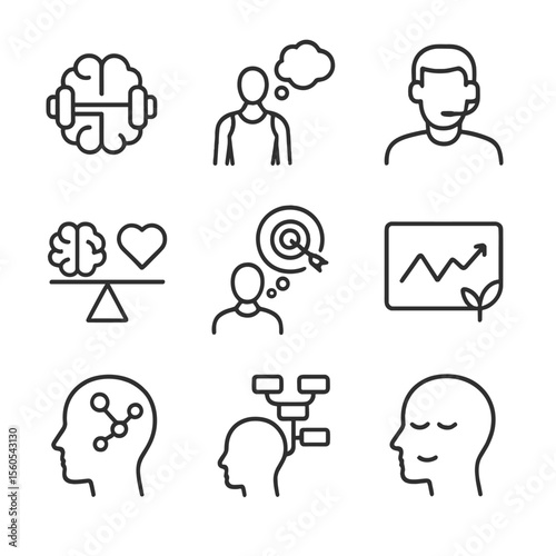 Mindfulness Sports Icons. Outline icon set of sports psychology mindfulness: brain with dumbbell, thought cloud over athlete,