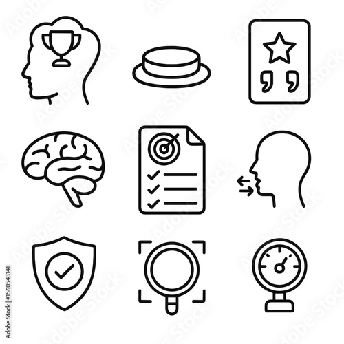Mindset Icon Collection. Outline icon set of mental preparation and sports psychology: visualization icon, meditation cushion,