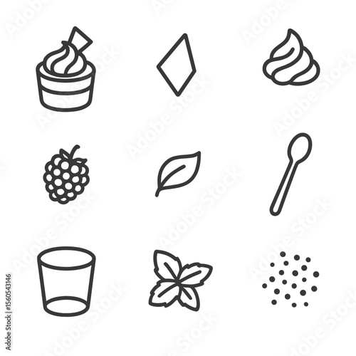 Mini Mousse Icons. Outline icon set of mini mousse cakes: mousse cup, chocolate shard, whipped cream peak, raspberry, gold leaf,