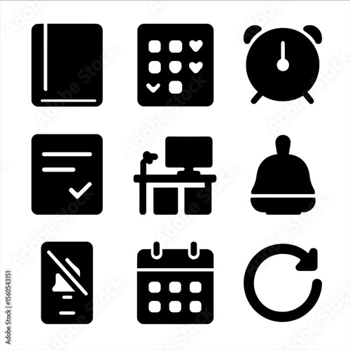 Minimal Productivity Icons. Solid, filled icon set of minimalist productivity tools: journal, habit tracker, focus timer, daily
