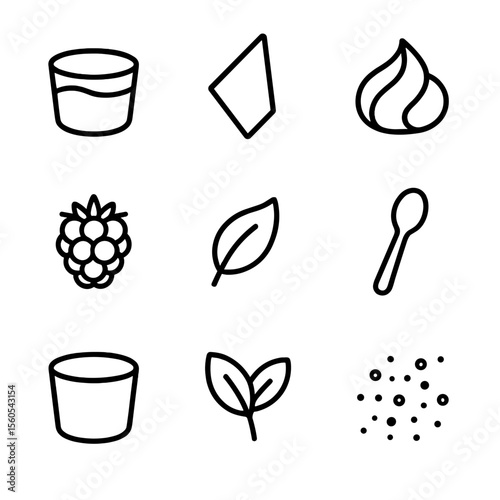 Mini Mousse Icons. Outline icon set of mini mousse cakes: mousse cup, chocolate shard, whipped cream peak, raspberry, gold leaf,