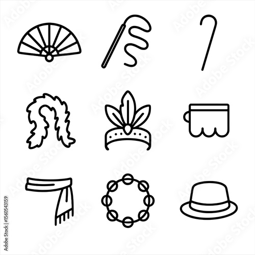 Dance Accessories Icons. Outline icon set of dance accessories: dance fan, ribbon wand, cane prop, feather boa, headpiece, wrist