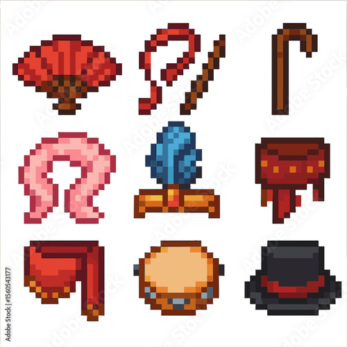 Dance Accessories Icons. Pixel art icon set of dance accessories: dance fan, ribbon wand, cane prop, feather boa, headpiece, wrist