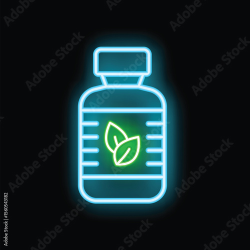 Glowing neon line medical bottle with marijuana or cannabis leaf icon isolated on black background. Mock up of cannabis oil. Colorful outline concept. Vector illustration