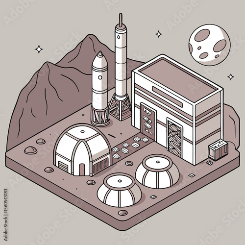 Isometric view of a lunar base with rockets, buildings, and domes on a gray surface landscape