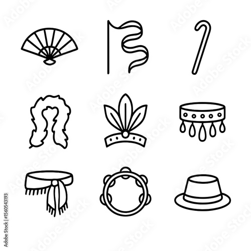 Dance Accessories Icons. Outline icon set of dance accessories: dance fan, ribbon wand, cane prop, feather boa, headpiece, wrist