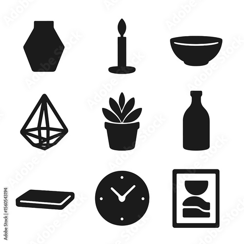 Minimalist Decor Icons. Solid, filled icon set of minimalist decor objects: geometric vase, single candle, ceramic bowl, wireframe