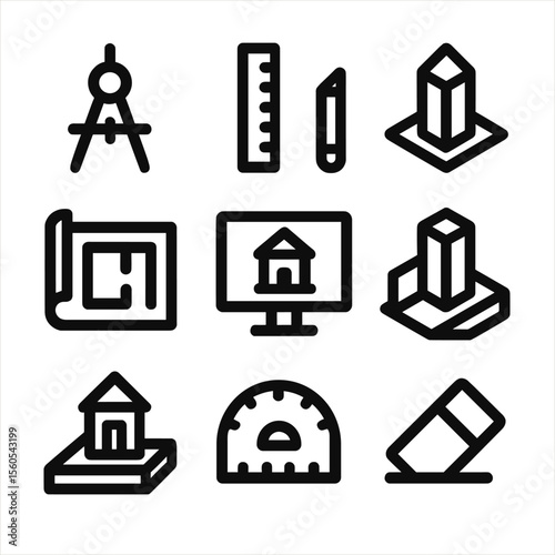 Minimalist Design Tools. Solid, filled icon set of minimalist building design tools: drafting compass, ruler, pencil, blueprint,