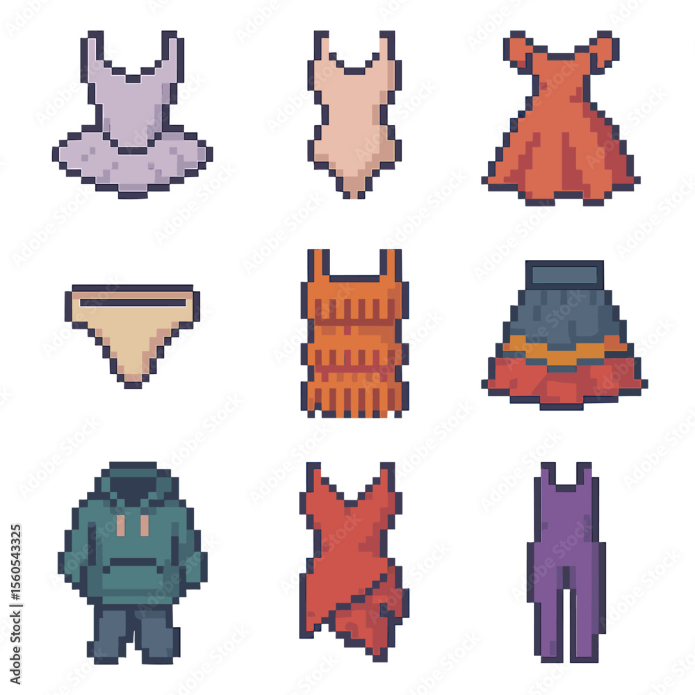 Naklejka premium Dance Costumes Icons. Pixel art icon set of dance costumes: tutu, leotard, ballroom gown, dance belt, fringe dress, folk skirt,