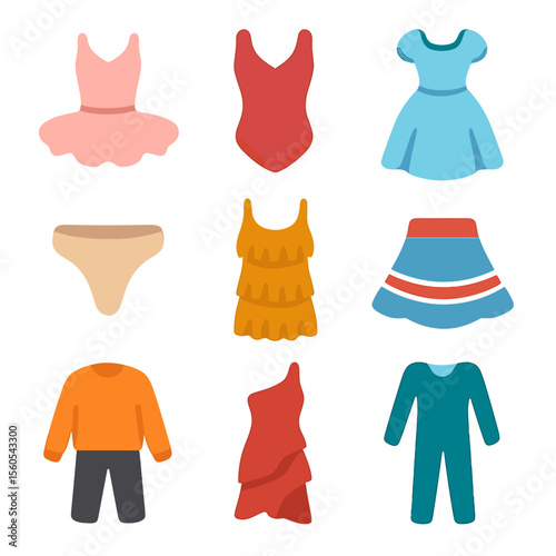Dance Costume Icons. Flat icon set of dance costumes: tutu, leotard, ballroom gown, dance belt, fringe dress, folk skirt, hip-hop