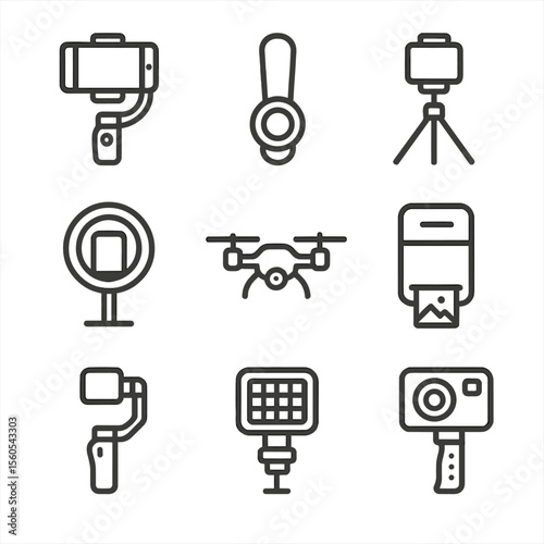 Mobile Photography Gadgets. Outline icon set of mobile photography gadgets: smartphone gimbal, clip-on lens, mini tripod, ring