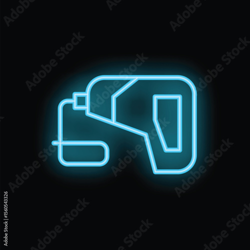 Glowing blue neon icon of electric nail gun with cord on black background representing construction works