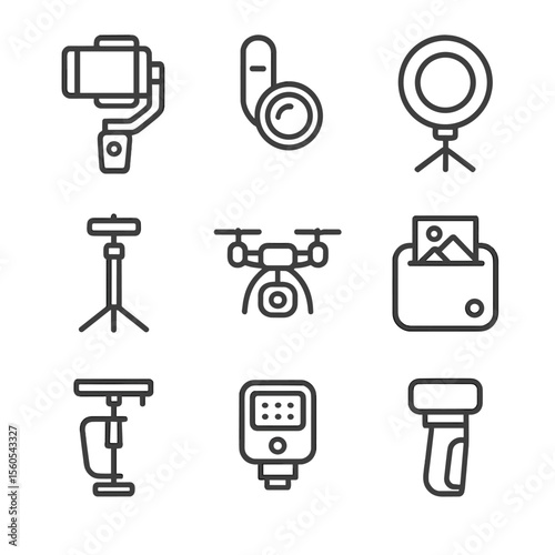 Mobile Photography Gadgets. Outline icon set of mobile photography gadgets: smartphone gimbal, clip-on lens, mini tripod, ring