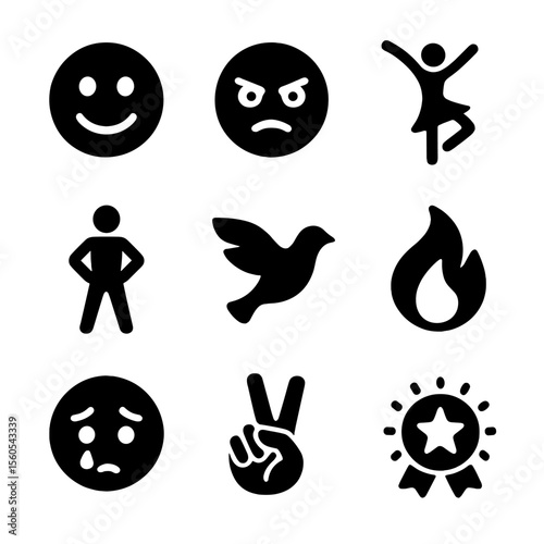 Dance Emotion Icons. Solid, filled icon set of dance emotions and expressions: smiling face, intense gaze, joyful pose, confident