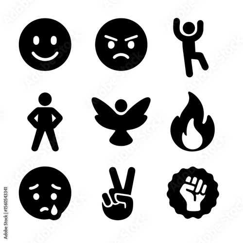 Dance Emotion Icons. Solid, filled icon set of dance emotions and expressions: smiling face, intense gaze, joyful pose, confident