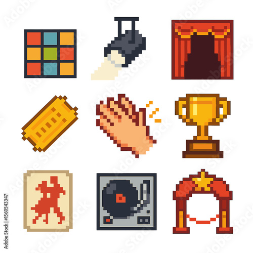 Dance Event Icons. Pixel art icon set of dance event elements: dance floor, spotlight, stage curtain, ticket stub, applause hands,