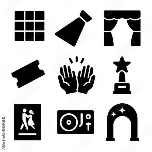 Dance Event Icons. Solid, Filled icon set of dance event elements: dance floor, spotlight, stage curtain, ticket stub, applause