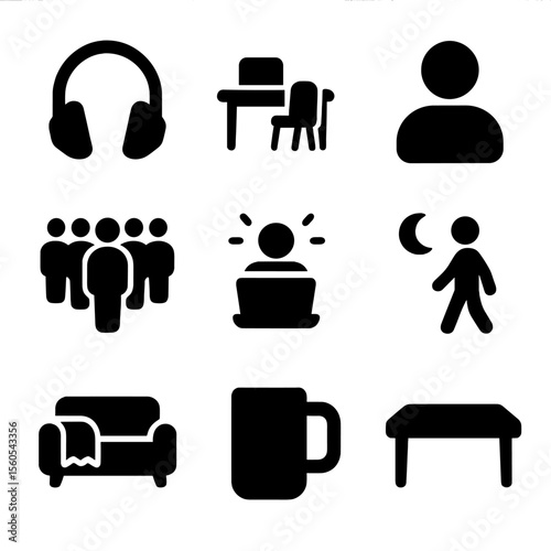 Icons of Modern Loneliness. Solid, filled icon set of loneliness in modern life: headphones alone, isolated workspace, one profile