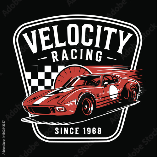 Retro Velocity Racing logo design with red vintage race car, checkered flag background, bold typography, and shield emblem style perfect for motorsport branding, car clubs, and racing merchandise