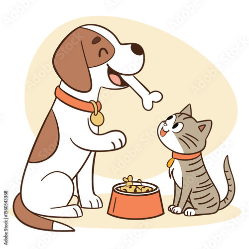 Cartoon illustration of a dog holding a bone and a cat looking up at it near a bowl of pet food
