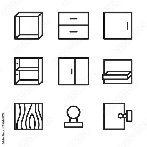 Modular Storage Icon Set. Outline icon set of Modular Storage Units: open cubby, drawer unit, cabinet door, adjustable shelf,