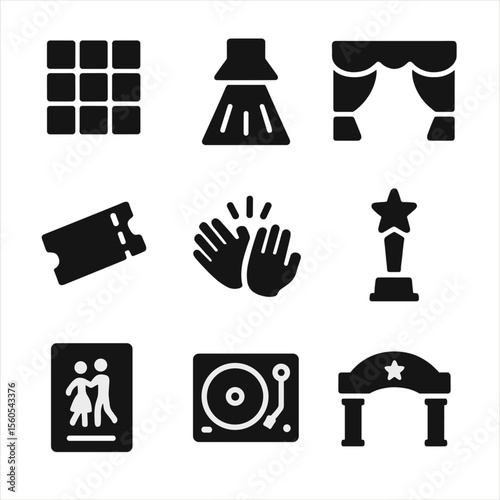 Dance Event Icons. Solid, Filled icon set of dance event elements: dance floor, spotlight, stage curtain, ticket stub, applause
