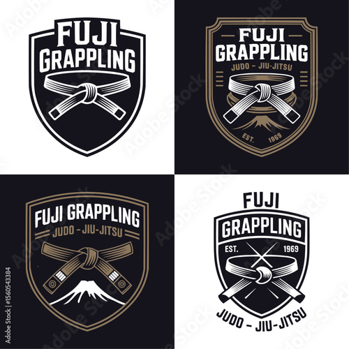 Set of vintage Fuji Grappling jiu-jitsu martial arts logos with crossed black belts, mountain icons, and bold shield emblems for fight gyms, dojo branding, BJJ gear, and combat sports design