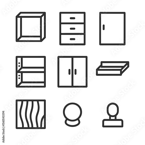 Modular Storage Icon Set. Outline icon set of Modular Storage Units: open cubby, drawer unit, cabinet door, adjustable shelf,