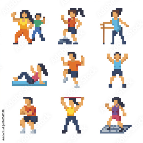 Dance Fitness Icons. Pixel art icon set of dance fitness activities: Zumba class, aerobics step, barre workout, pilates move,