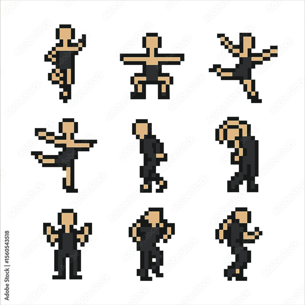 Obraz premium Dance Move Icons. Pixel art icon set of dance moves: pirouette, plié, jeté, arabesque, moonwalk, body wave, shimmy, spin turn,