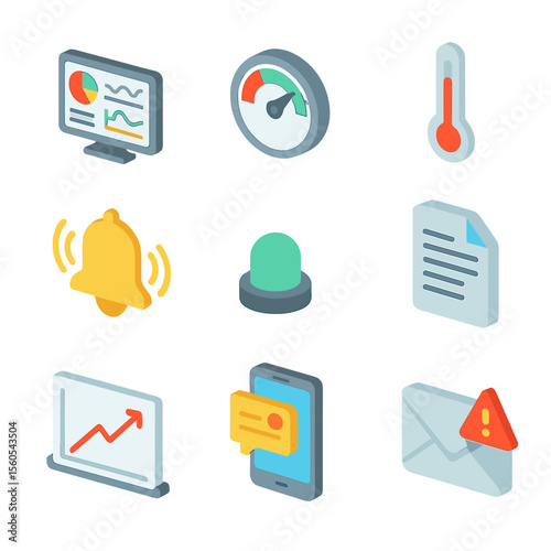 Monitoring Alert Icons. Isometric Flat icon set of monitoring and alerting: dashboard screen, server health gauge, temperature