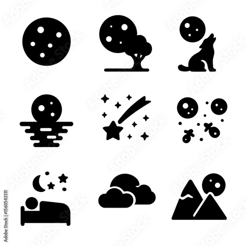 Moonlit Icon Set. Solid, filled icon set of moonlight and night scenes: full moon in sky, tree with moon, howling wolf, moon