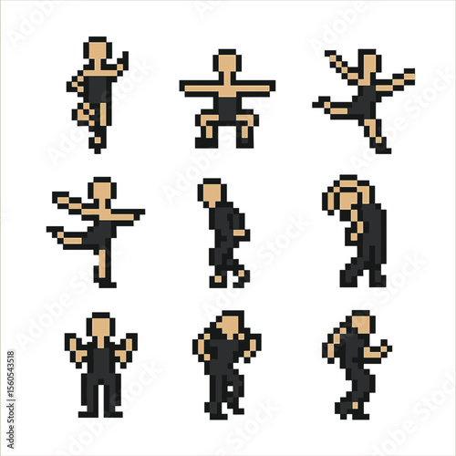Dance Move Icons. Pixel art icon set of dance moves: pirouette, plié, jeté, arabesque, moonwalk, body wave, shimmy, spin turn,