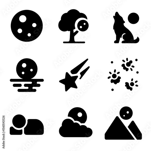 Moonlit Icon Set. Solid, filled icon set of moonlight and night scenes: full moon in sky, tree with moon, howling wolf, moon