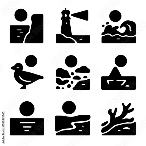 Moonlit Coastal Icons. Solid, filled icon set of moonlit coastal landscapes: cliff edge, lighthouse beam, crashing waves, seagull,