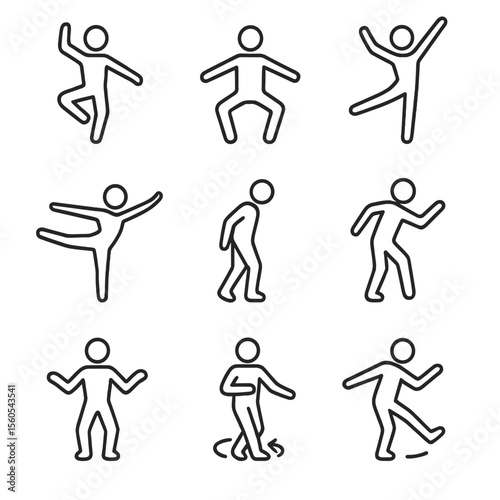 Dance Move Icons. Outline icon set of dance moves: pirouette, plié, jeté, arabesque, moonwalk, body wave, shimmy, spin turn, kick