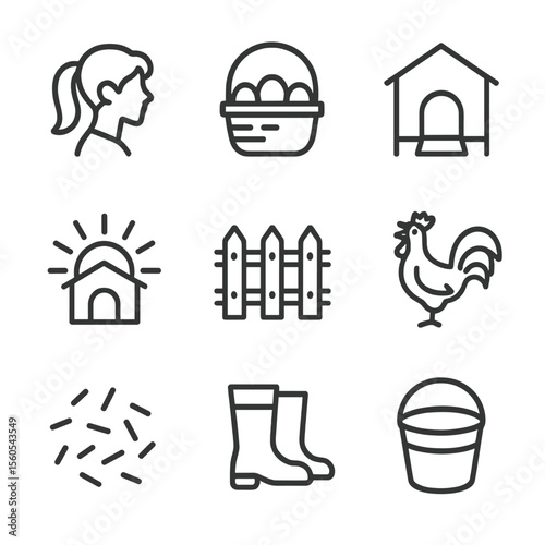 Morning Egg Outline. Outline icon set of morning egg collection: young woman silhouette, basket of eggs, chicken coop door,