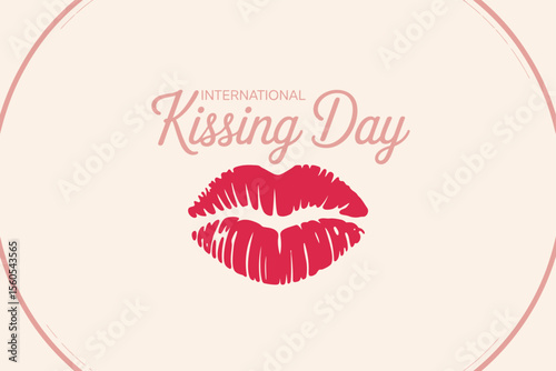 Large red lip stamp design with soft beige background for international kissing day greeting or t-shirt print  