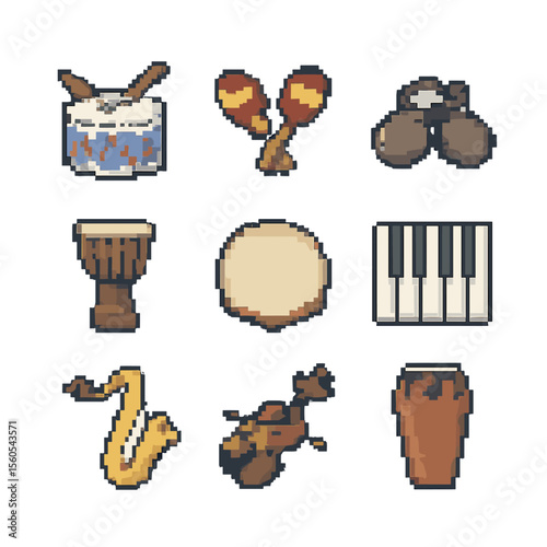 Dance Music Instruments. Pixel art icon set of dance music instruments: drum, maracas, castanets, djembe, tambourine, piano