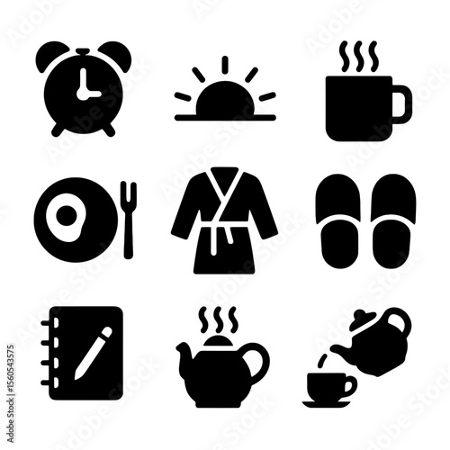 Morning Tea Icons. Solid, filled icon set of morning tea routines: alarm clock, sunrise, steaming mug, breakfast plate, cozy robe,
