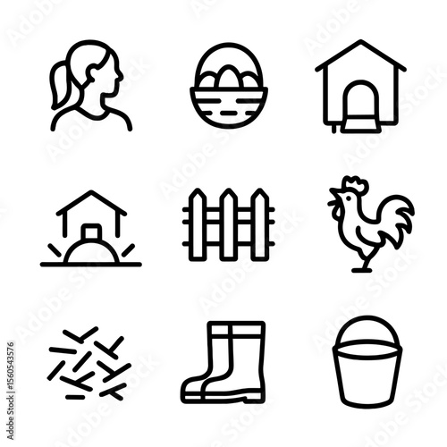 Morning Egg Outline. Outline icon set of morning egg collection: young woman silhouette, basket of eggs, chicken coop door,