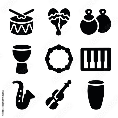 Dance Music Icons. Solid, Filled icon set of dance music instruments: drum, maracas, castanets, djembe, tambourine, piano keyboard